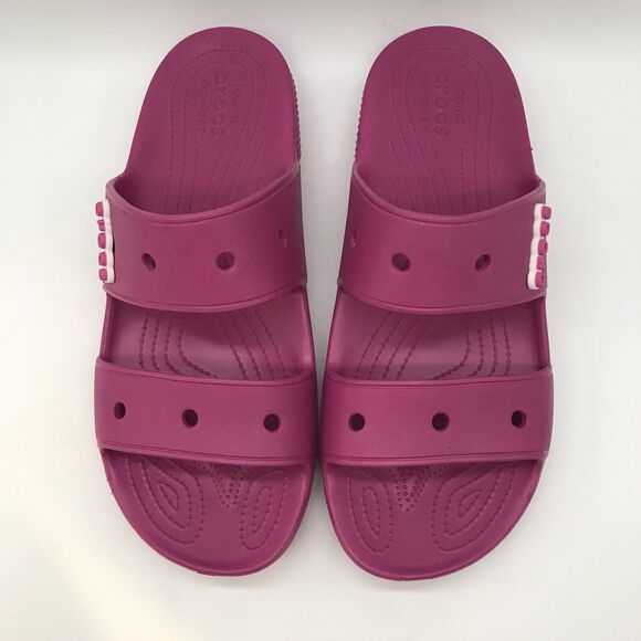 CROCS Iconic Comfort Men's 13 Pink Slides Fushia Fun Double Strap Sandal Jibbits - Picture 5 of 12